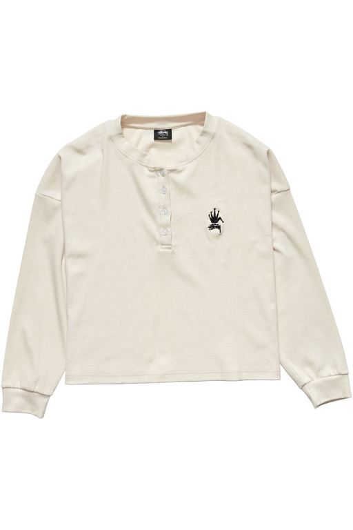 Stussy Womens Crown Pigment Henley Long Sleeve T Shirt White - IUEKH0831